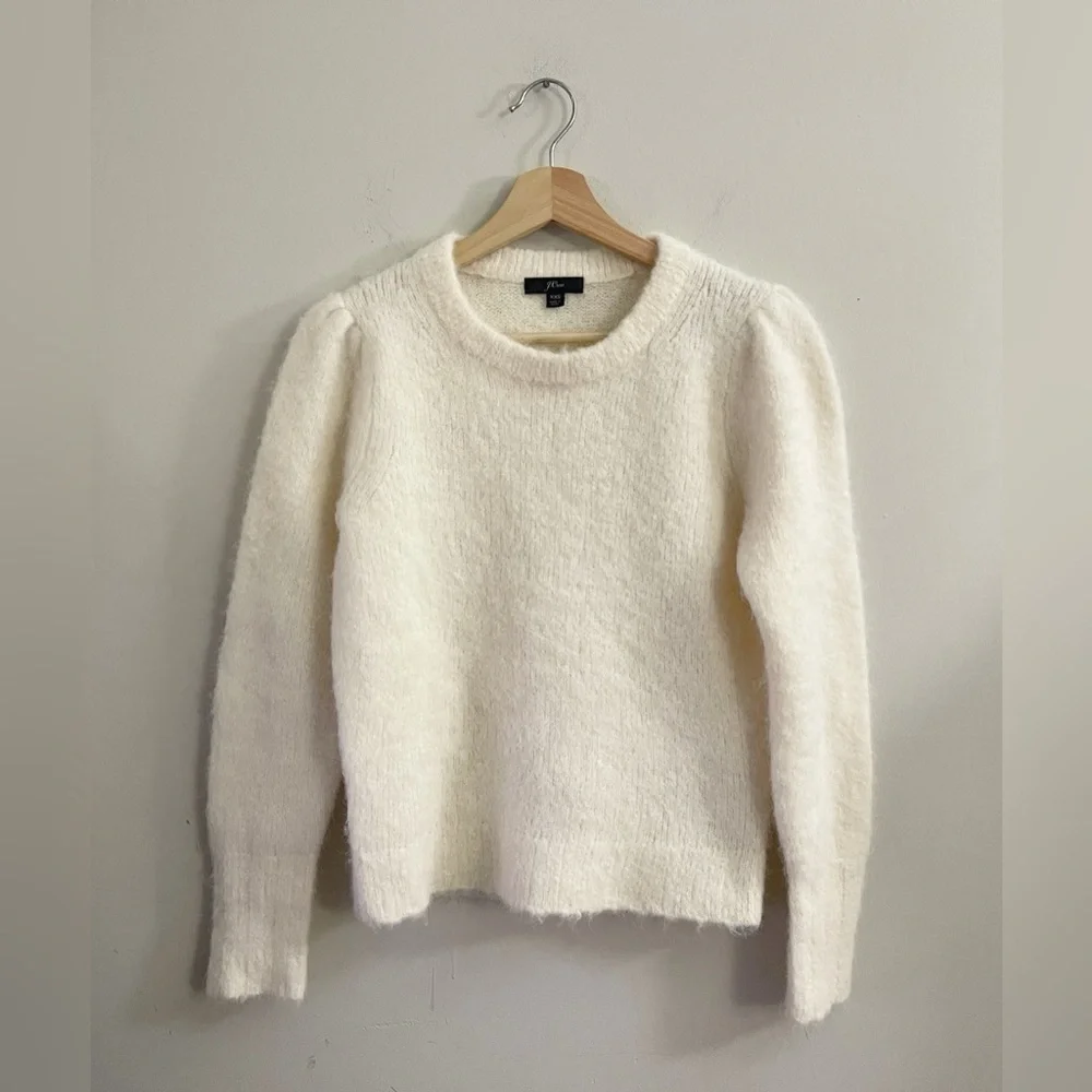J. Crew Fuzzy Wool Alpaca Women's Cream Crew Neck Sweater Holiday Preppy